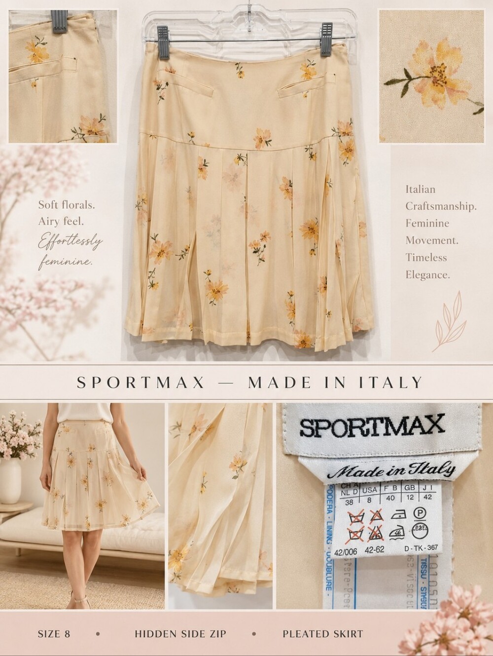 Sportmax Floral Pleated Skirt - 8 US - Made in Italy Cream Flowy Feminine